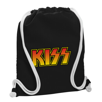 KISS, Τσάντα πλάτης πουγκί GYMBAG Μαύρη, με τσέπη (40x48cm) & χονδρά λευκά κορδόνια
