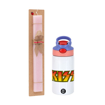 KISS, Easter Set, Children's thermal stainless steel water bottle with safety straw, pink/purple (350ml) & Easter scented flat candle (30cm) (PINK)