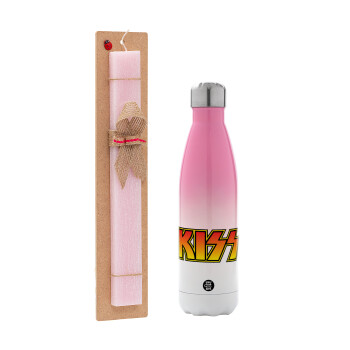 KISS, Easter Set, Metallic pink/white (Stainless steel) thermos, double-walled, 500ml & aromatic flat Easter candle (30cm) (PINK)