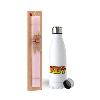 KISS, Easter Set, metallic stainless steel water bottle (750ml) & scented flat Easter candle (30cm) (PINK)