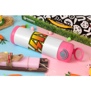 KISS, Easter candle, Childrens hot water bottle, stainless steel, with safety straw, PINK (500ml)
