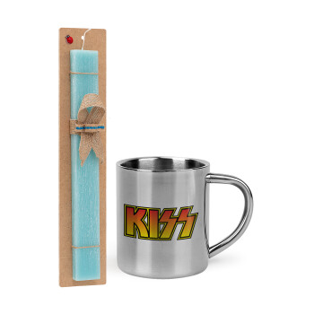 KISS, Easter Set, metallic thermal cup (300ml) & aromatic flat Easter candle (30cm) (TURQUOISE)