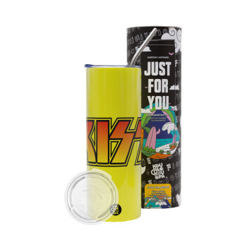 KISS, Neon Yellow Travel Tumbler, with metal straw (Stainless steel 304 Food grade, BPA free, 600ml)
