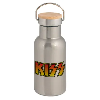 KISS, Μεταλλικό παγούρι θερμός (Stainless steel) Ασημένιο με ξύλινο καπακι (bamboo), διπλού τοιχώματος, 350ml