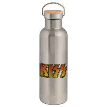 KISS, Μεταλλικό παγούρι θερμός (Stainless steel) Ασημένιο με ξύλινο καπακι (bamboo), διπλού τοιχώματος, 750ml