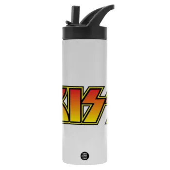 KISS, Μεταλλικό παγούρι θερμός με καλαμάκι & χειρολαβή, ανοξείδωτο ατσάλι (Stainless steel 304), διπλού τοιχώματος, 600ml