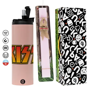 KISS, Easter candle,Travel Tumbler 2 Lids, with metal straw & cleaning brush & aromatic flat candle (30cm) (PINK)