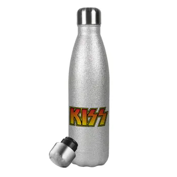 KISS, Μεταλλικό παγούρι θερμός Glitter Aσημένιο (Stainless steel), διπλού τοιχώματος, 500ml