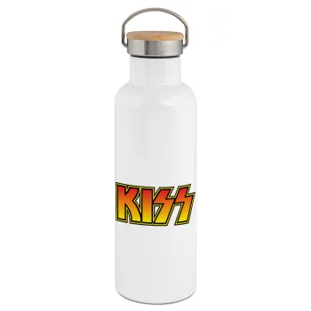 KISS, Μεταλλικό παγούρι θερμός (Stainless steel) Λευκό με ξύλινο καπάκι (bamboo), διπλού τοιχώματος, 750ml