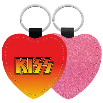 KISS, Μπρελόκ PU δερμάτινο glitter καρδιά ΡΟΖ