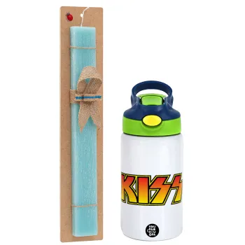 KISS, Easter Set, Children's thermal stainless steel bottle with safety straw, green/blue (350ml) & aromatic flat Easter candle (30cm) (TURQUOISE)