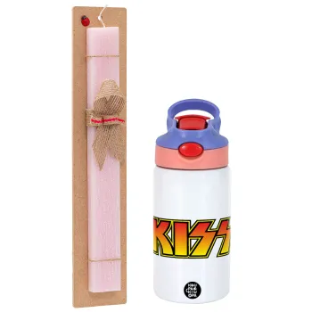 KISS, Easter Set, Children's thermal stainless steel water bottle with safety straw, pink/purple (350ml) & Easter scented flat candle (30cm) (PINK)