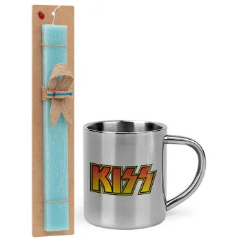 KISS, Easter Set, metallic thermal cup (300ml) & aromatic flat Easter candle (30cm) (TURQUOISE)