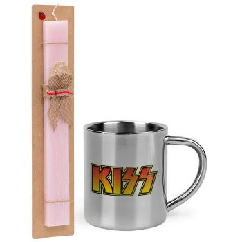 KISS, Easter Set, metallic thermal cup (300ml) & aromatic flat Easter candle (30cm) (PINK)