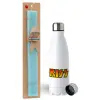 Easter Set, metallic stainless steel water bottle (750ml) & aromatic flat Easter candle (30cm) (TURQUOISE)