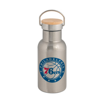 Philadelphia 76ers, Μεταλλικό παγούρι θερμός (Stainless steel) Ασημένιο με ξύλινο καπακι (bamboo), διπλού τοιχώματος, 350ml