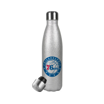 Philadelphia 76ers, Μεταλλικό παγούρι θερμός Glitter Aσημένιο (Stainless steel), διπλού τοιχώματος, 500ml