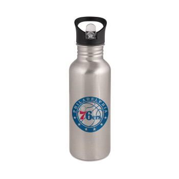 Philadelphia 76ers, Water bottle Silver with straw, stainless steel 600ml