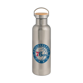 Philadelphia 76ers, Μεταλλικό παγούρι θερμός (Stainless steel) Ασημένιο με ξύλινο καπακι (bamboo), διπλού τοιχώματος, 750ml