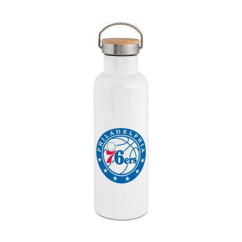 Philadelphia 76ers, Μεταλλικό παγούρι θερμός (Stainless steel) Λευκό με ξύλινο καπάκι (bamboo), διπλού τοιχώματος, 750ml