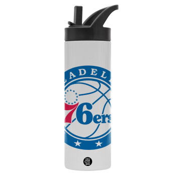 Philadelphia 76ers, Μεταλλικό παγούρι θερμός με καλαμάκι & χειρολαβή, ανοξείδωτο ατσάλι (Stainless steel 304), διπλού τοιχώματος, 600ml