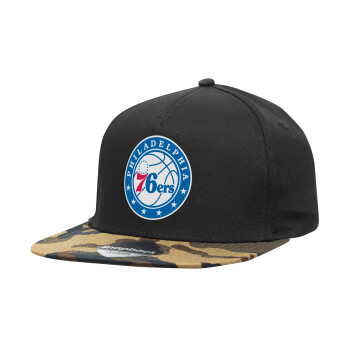 Philadelphia 76ers, Adult Flat Snapback Hat Black/Camouflage, (100% COTTON TWILL, ADULT, UNISEX, ONE SIZE)