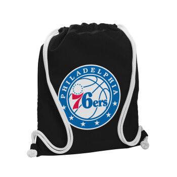 Philadelphia 76ers, Τσάντα πλάτης πουγκί GYMBAG Μαύρη, με τσέπη (40x48cm) & χονδρά λευκά κορδόνια