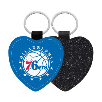 Philadelphia 76ers, Μπρελόκ PU δερμάτινο glitter καρδιά ΜΑΥΡΟ