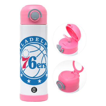 Philadelphia 76ers, Παιδικό παγούρι θερμό, ανοξείδωτο, με καλαμάκι ασφαλείας, ΡΟΖ (500ml)