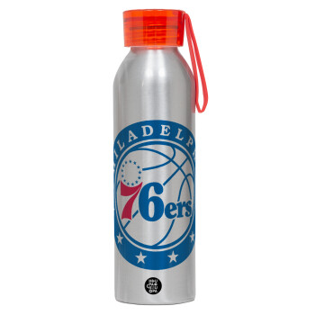 Philadelphia 76ers, Αλουμινένιο Αθλητικό Μπουκάλι 650ml – Ασημί με Κόκκινο Καπάκι και Λουράκι Σιλικόνης