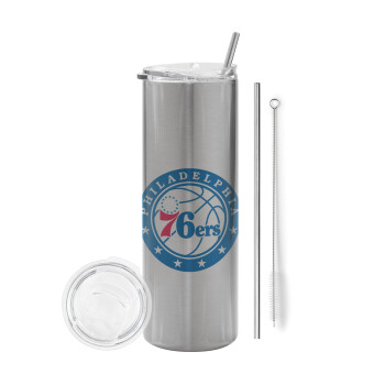 Philadelphia 76ers, Eco friendly stainless steel Silver tumbler 600ml, with metal straw & cleaning brush