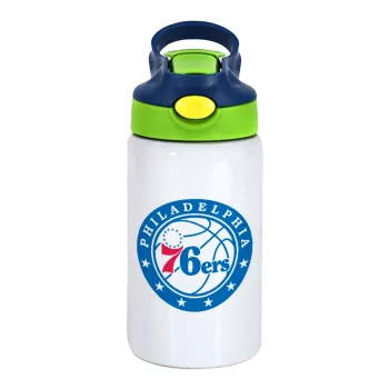 Philadelphia 76ers, Children's hot water bottle, stainless steel, with safety straw, green, blue (350ml)