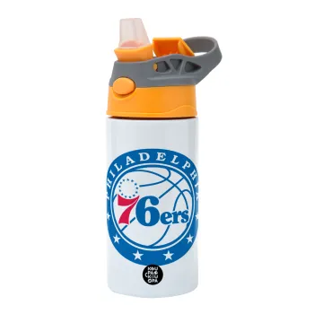 Philadelphia 76ers, Children's hot water bottle, stainless steel, with safety straw, Orange/Grey (360ml) BPA-FREE