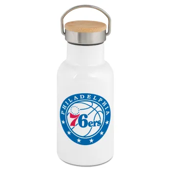 Philadelphia 76ers, Μεταλλικό παγούρι θερμός (Stainless steel) Λευκό με ξύλινο καπακι (bamboo), διπλού τοιχώματος, 350ml