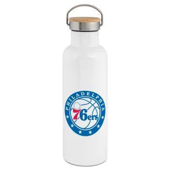 Philadelphia 76ers, Μεταλλικό παγούρι θερμός (Stainless steel) Λευκό με ξύλινο καπάκι (bamboo), διπλού τοιχώματος, 750ml
