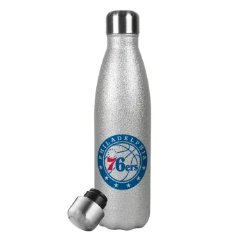 Philadelphia 76ers, Μεταλλικό παγούρι θερμός Glitter Aσημένιο (Stainless steel), διπλού τοιχώματος, 500ml