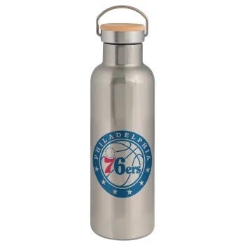 Philadelphia 76ers, Stainless steel Silver with wooden lid (bamboo), double wall, 750ml