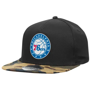 Philadelphia 76ers, Adult Flat Snapback Hat Black/Camouflage, (100% COTTON TWILL, ADULT, UNISEX, ONE SIZE)