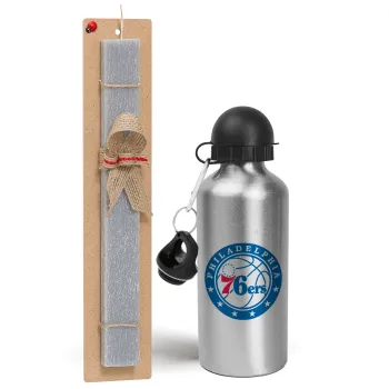 Philadelphia 76ers, Easter Set, metallic silver aluminum water bottle (500ml) & aromatic flat Easter candle (30cm) (GRAY)
