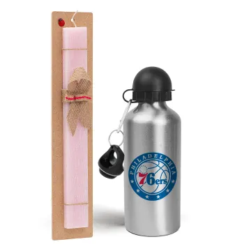 Philadelphia 76ers, Easter Set, metallic Silver aluminum water bottle (500ml) & scented flat Easter candle (30cm) (PINK)