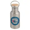 Stainless steel metallic thermos flask, silver with a bamboo lid, double-walled, 350ml.