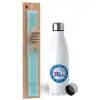 Easter Set, metallic stainless steel water bottle (750ml) & aromatic flat Easter candle (30cm) (TURQUOISE)