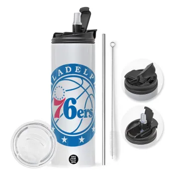 Philadelphia 76ers, Travel Tumbler 2 Lids, with metal straw & cleaning brush (Stainless steel 304 Food grade, BPA free, 600ml)