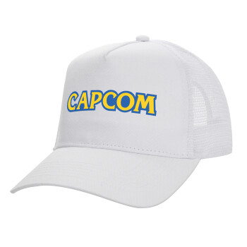 Capcom, Structured Trucker Adult Hat, with Mesh, WHITE (100% COTTON, ADULT, UNISEX, ONE SIZE)