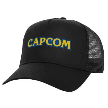 Capcom, Structured Trucker Adult Hat, with Mesh, Black (100% COTTON, ADULT, UNISEX, ONE SIZE)