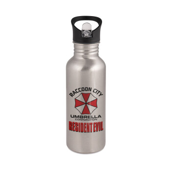 Resident Evil, Water bottle Silver with straw, stainless steel 600ml