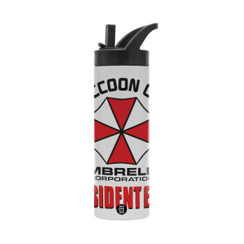 Resident Evil, Metallic thermos bottle with straw & handle, stainless steel (Stainless steel 304), double-walled, 600ml.