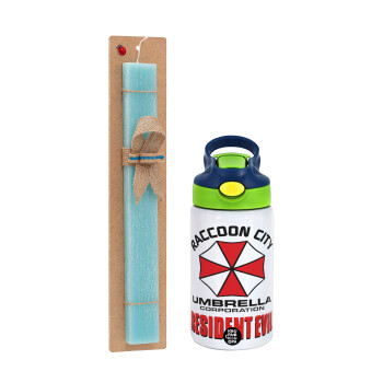 Resident Evil, Easter Set, Children's thermal stainless steel bottle with safety straw, green/blue (350ml) & aromatic flat Easter candle (30cm) (TURQUOISE)