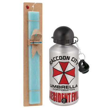 Resident Evil, Easter Set, metallic silver aluminum water bottle (500ml) & scented flat Easter candle (30cm) (TURQUOISE)