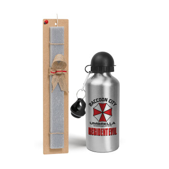 Resident Evil, Easter Set, metallic silver aluminum water bottle (500ml) & aromatic flat Easter candle (30cm) (GRAY)